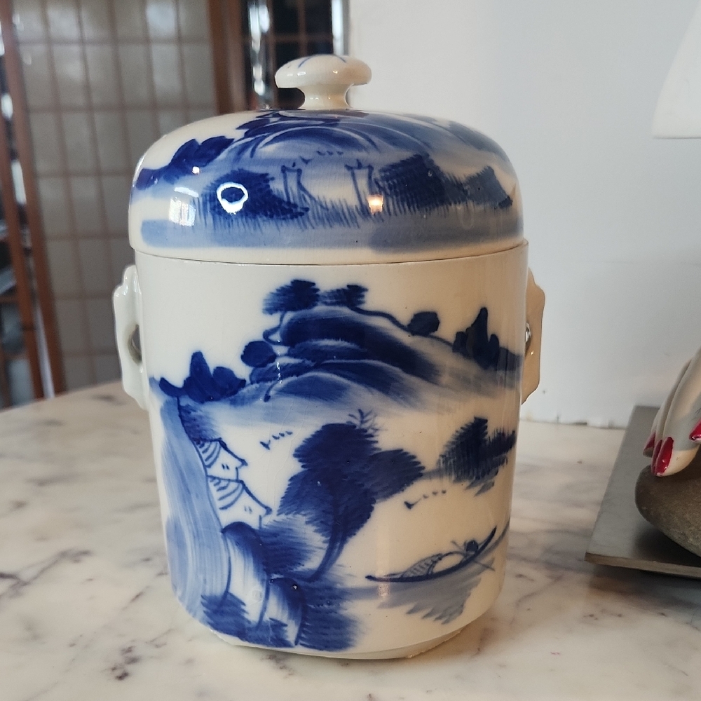 Mid Century Flow Blue Stone Tea/Ginger Jar RARE